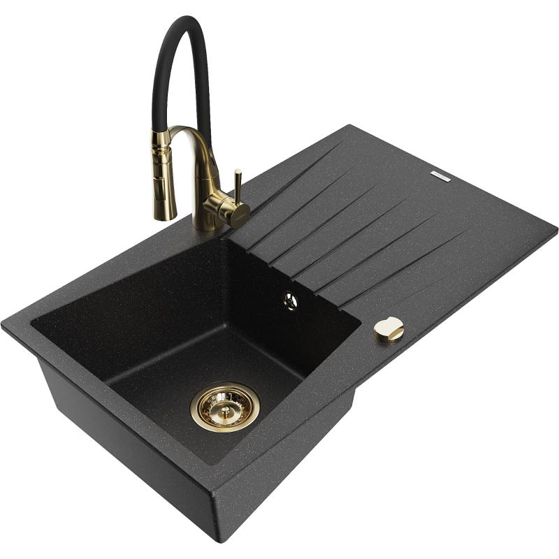Mexen Cesar granite sink 1-bowl with drainer and Aster kitchen tap, black/silver metallic - 6514-73-73450-57-G