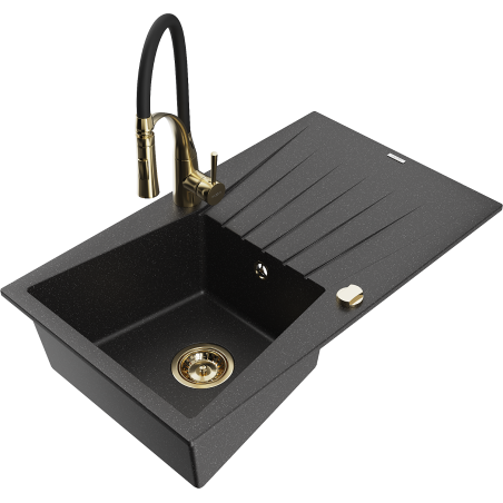 Mexen Cesar granite 1-bowl sink with drainer and Aster kitchen faucet, black/silver metallic - 6514-73-73450-57-G