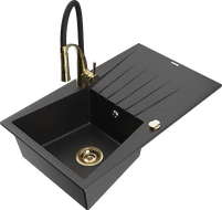 Mexen Cesar granite sink 1-bowl with drainer and Aster kitchen tap, black/silver metallic - 6514-73-73450-57-G