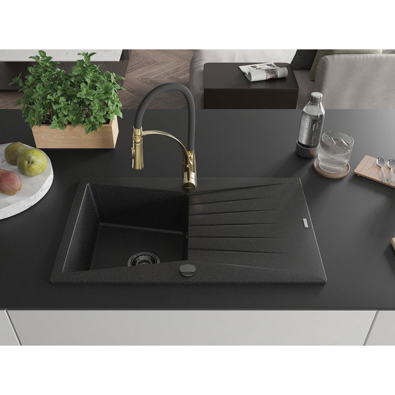 Mexen Cesar granite sink 1-bowl with drainer and Aster kitchen tap, black/silver metallic - 6514-73-73450-57-B