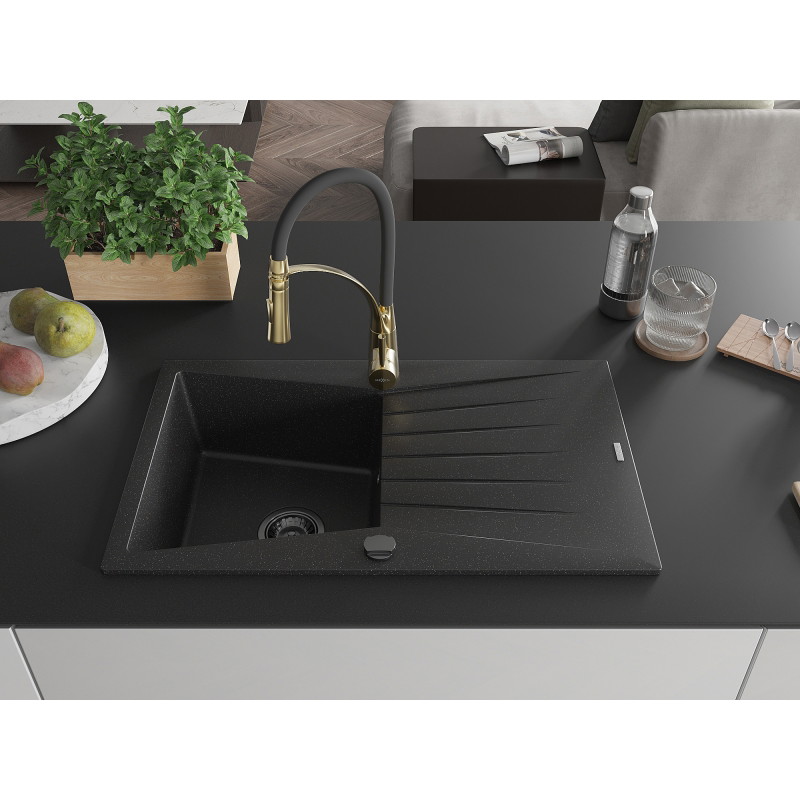 Mexen Cesar granite sink single-bowl with drainer and kitchen faucet Aster, black/silver metallic - 6514-73-73450-57-B