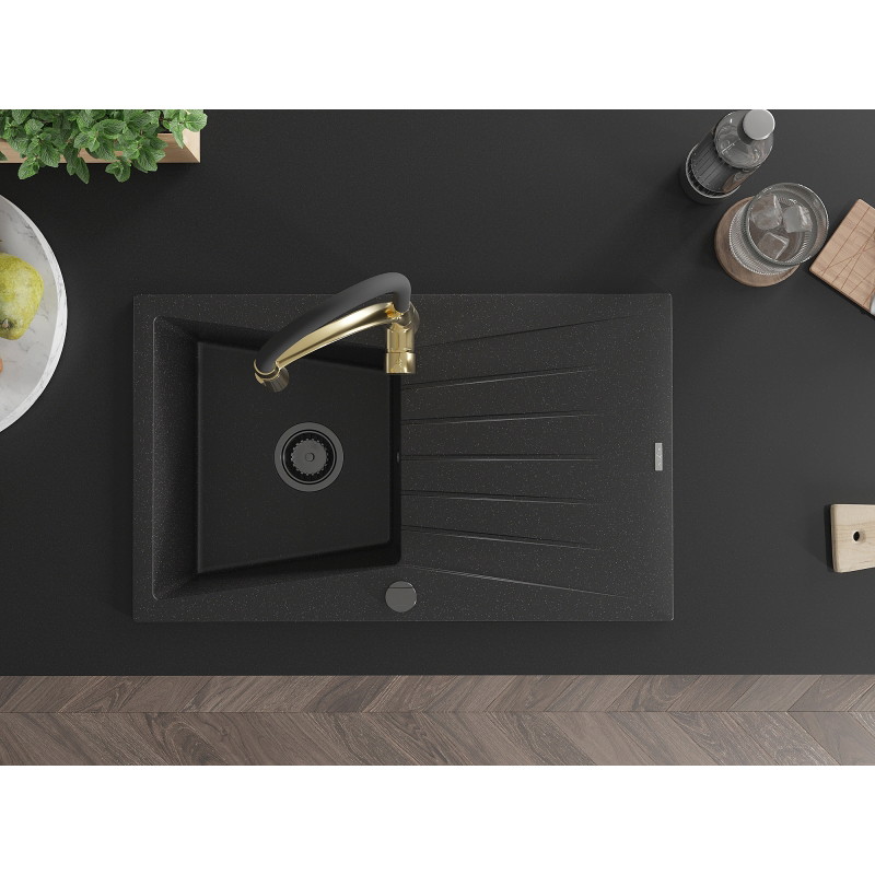 Mexen Cesar granite sink 1-bowl with drainer and Aster kitchen faucet, black/silver metallic - 6514-73-73450-57-B