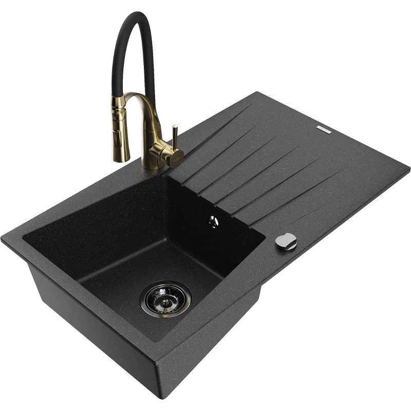 Mexen Cesar granite sink 1-bowl with drainer and Aster kitchen faucet, black/silver metallic - 6514-73-73450-57-B