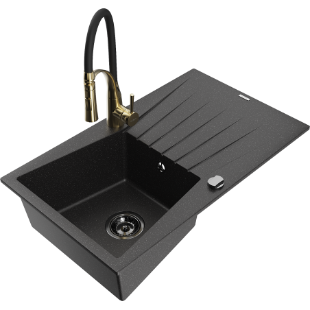 Mexen Cesar granite sink single-bowl with drainer and kitchen faucet Aster, black/silver metallic - 6514-73-73450-57-B
