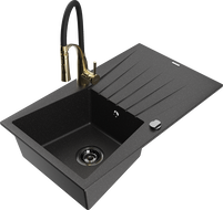Mexen Cesar granite sink single-bowl with drainer and kitchen faucet Aster, black/silver metallic - 6514-73-73450-57-B