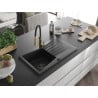 Mexen Cesar granite sink 1-bowl with drainer and Aster kitchen faucet, black/silver metallic - 6514-73-73450-57-B