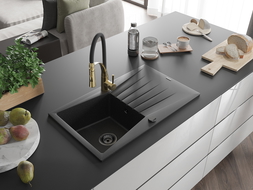 Mexen Cesar granite sink 1-bowl with drainer and Aster kitchen tap, black/silver metallic - 6514-73-73450-57-B