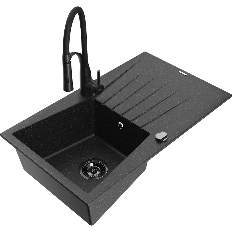 Mexen Cesar 1-compartment granite sink with a drip tray and kitchen mixer tap Aster, Black/Silver metallic - 6514-73-73450-70-B