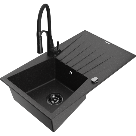 Mexen Cesar 1-compartment granite sink with a drip tray and kitchen mixer tap Aster, Black/Silver metallic - 6514-73-73450-70-B