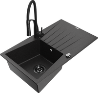 Mexen Cesar granite kitchen sink 1-bowl with drainer and Aster kitchen faucet, black/silver metallic - 6514-73-73450-70-B