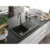 Mexen Cesar 1-bowl granite sink with drainer and Aster kitchen faucet, black/gold metallic - 6514-75-73450-07