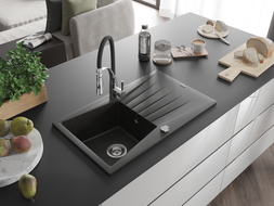 Mexen Cesar granite kitchen sink 1-bowl with drainer and kitchen faucet Aster, black/gold metallic - 6514-75-73450-07