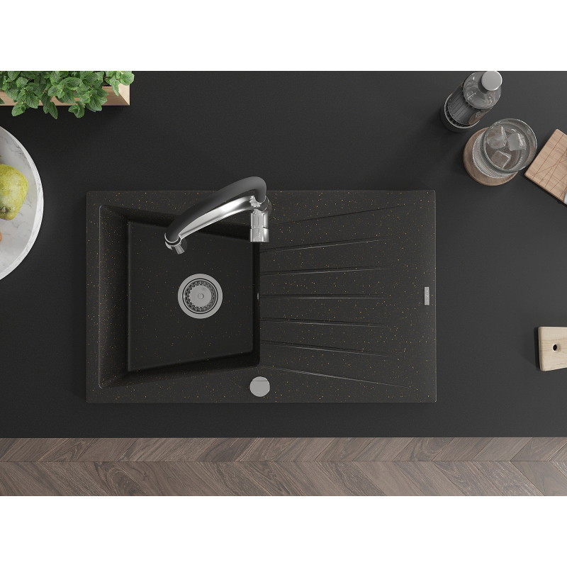 Mexen Cesar 1-bowl granite sink with drainer and Aster kitchen faucet, black/gold metallic - 6514-75-73450-07