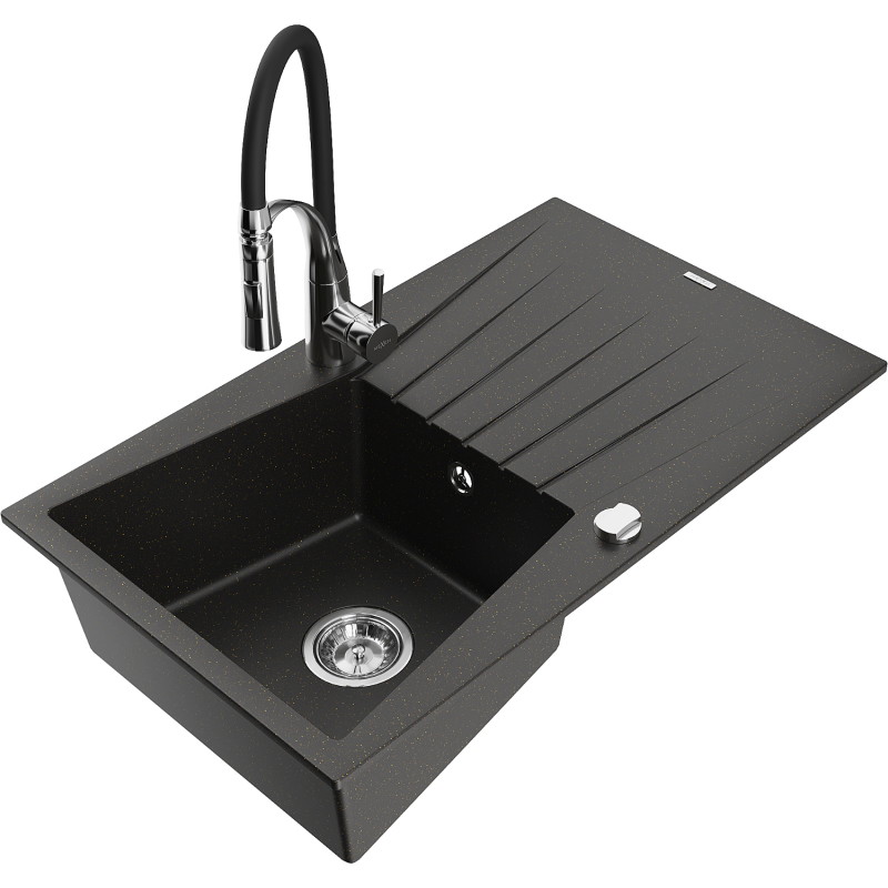 Mexen Cesar 1-bowl granite sink with drainer and Aster kitchen faucet, black/gold metallic - 6514-75-73450-07