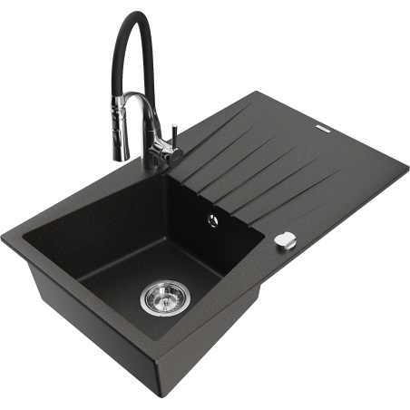 Mexen Cesar 1-bowl granite sink with drainer and Aster kitchen faucet, black/gold metallic - 6514-75-73450-07