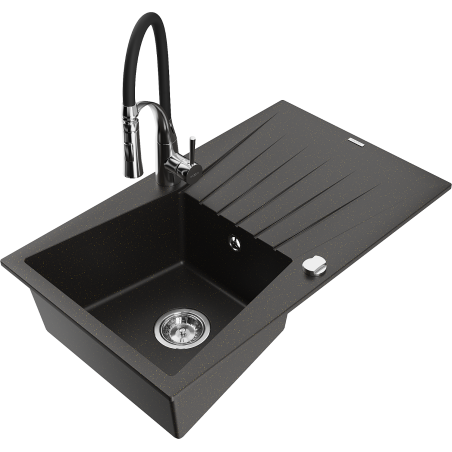 Mexen Cesar granite sink 1-bowl with drainer and Aster kitchen tap, black/gold metallic - 6514-75-73450-07