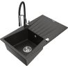 Mexen Cesar 1-bowl granite sink with drainer and Aster kitchen faucet, black/gold metallic - 6514-75-73450-07
