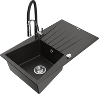 Mexen Cesar granite kitchen sink 1-bowl with drainer and kitchen faucet Aster, black/gold metallic - 6514-75-73450-07