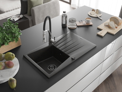 Mexen Cesar granite single-bowl sink with drainer and Aster kitchen faucet, black/gold metallic - 6514-75-73450-07-B