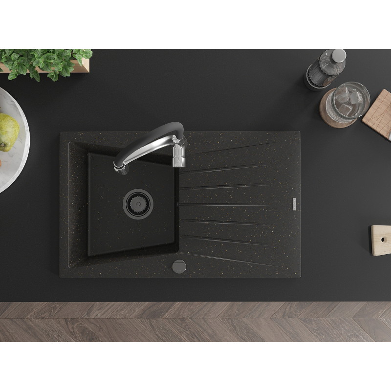 Mexen Cesar granite sink 1-bowl with drainer and Aster kitchen faucet, black/gold metallic - 6514-75-73450-07-B