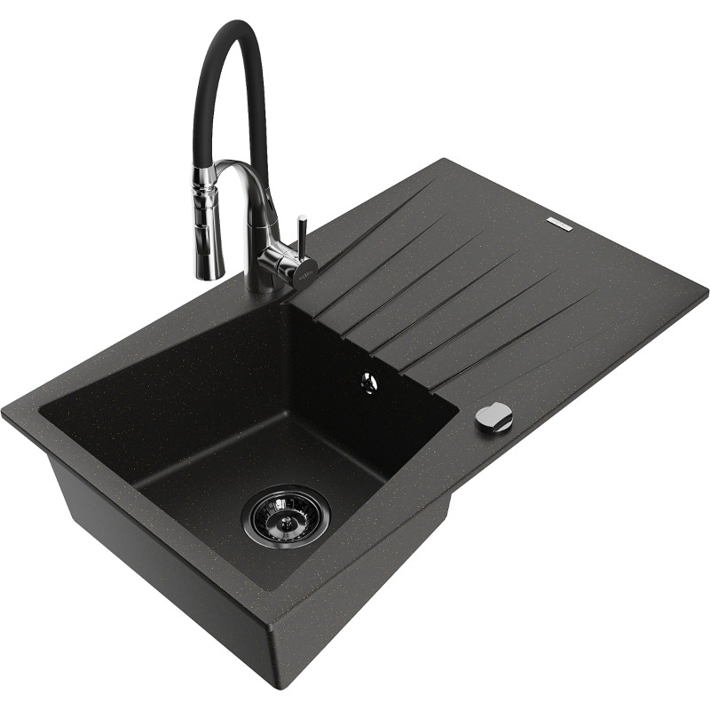 Mexen Cesar granite single-bowl sink with drainer and Aster kitchen faucet, black/gold metallic - 6514-75-73450-07-B