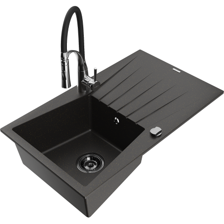 Mexen Cesar granite single-bowl sink with drainer and Aster kitchen faucet, black/gold metallic - 6514-75-73450-07-B