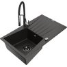 Mexen Cesar granite single-bowl sink with drainer and Aster kitchen faucet, black/gold metallic - 6514-75-73450-07-B