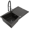 Mexen Cesar granite sink 1-bowl with drainer and Aster kitchen faucet, black/gold metallic - 6514-75-73450-07-B