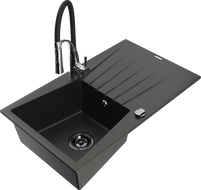 Mexen Cesar granite single-bowl sink with drainer and Aster kitchen faucet, black/gold metallic - 6514-75-73450-07-B