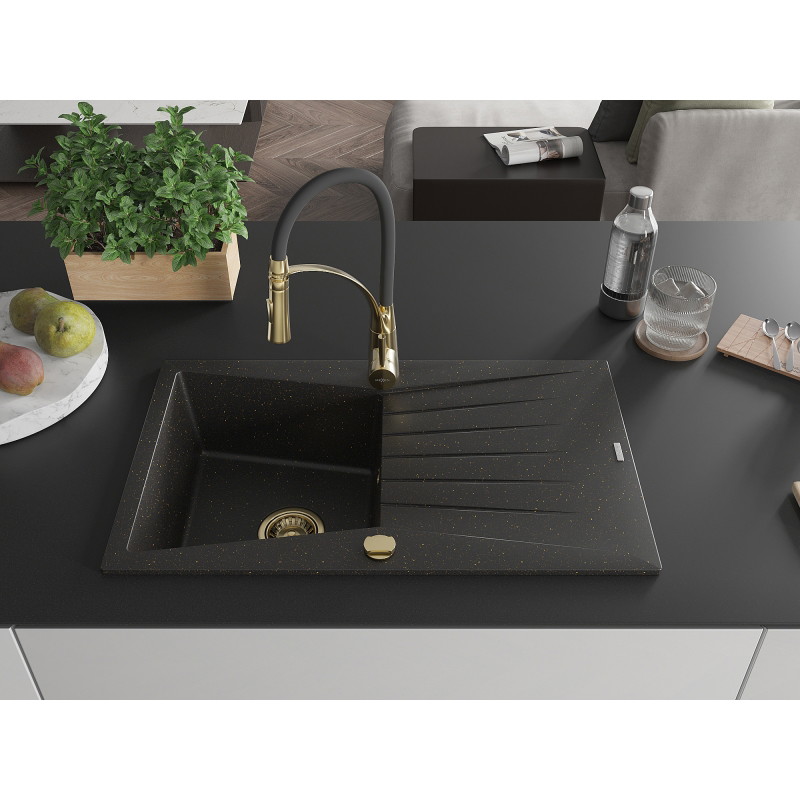 Mexen Cesar 1-bowl granite sink with drainer and Aster kitchen faucet, black/gold metallic - 6514-75-73450-57-G