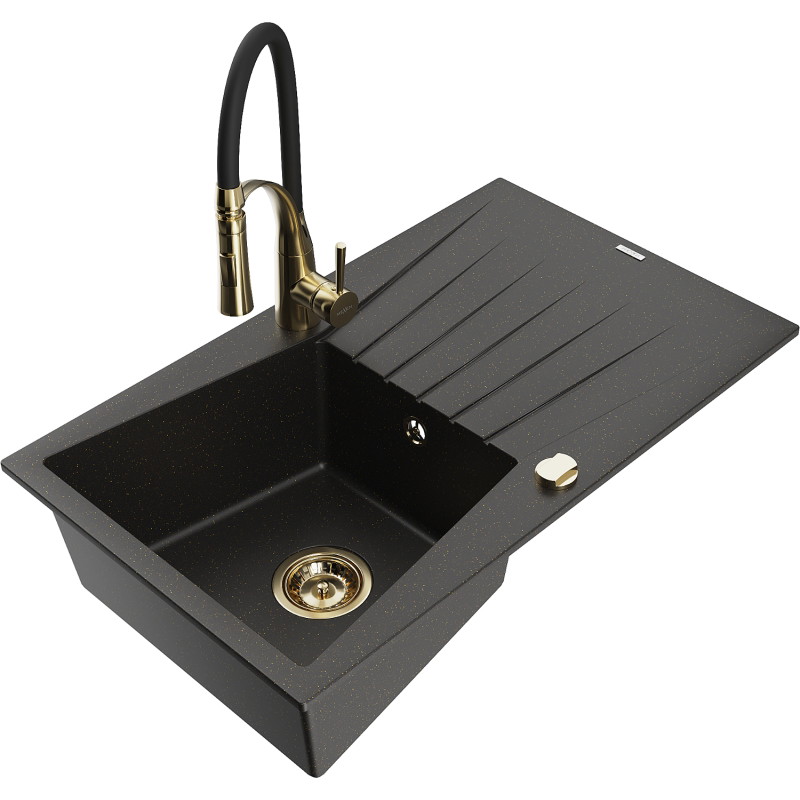 Mexen Cesar 1-bowl granite sink with drainer and Aster kitchen faucet, black/gold metallic - 6514-75-73450-57-G