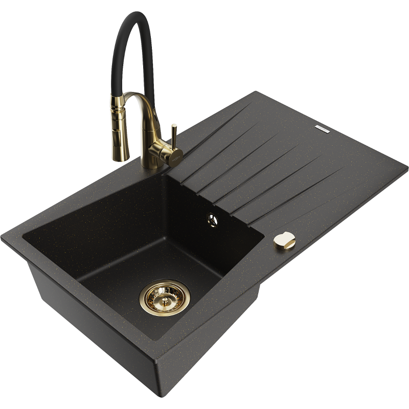 Mexen Cesar 1-compartment granite sink with a drip tray and kitchen mixer tap Aster, Black/Gold metallic - 6514-75-73450-57-G
