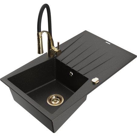Mexen Cesar granite kitchen sink 1-bowl with drainer and Aster kitchen tap, black/gold metallic - 6514-75-73450-57-G