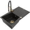 Mexen Cesar 1-bowl granite sink with drainer and Aster kitchen faucet, black/gold metallic - 6514-75-73450-57-G