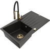 Mexen Cesar granite single-bowl sink with drainer and Aster kitchen faucet, black/golden metallic - 6514-75-73450-57-G