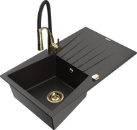 Mexen Cesar granite single-bowl sink with drainer and Aster kitchen faucet, black/golden metallic - 6514-75-73450-57-G