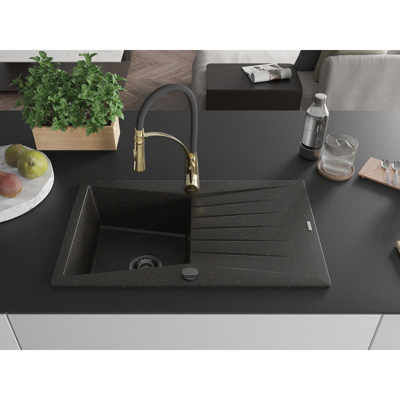 Mexen Cesar 1-Bowl Granite Kitchen Sink with Drainer and Aster Kitchen Tap, Black/Gold Metallic - 6514-75-73450-57-B