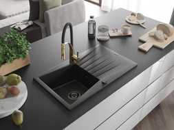 Mexen Cesar granite sink 1-bowl with drainer and kitchen faucet Aster, black/gold metallic - 6514-75-73450-57-B