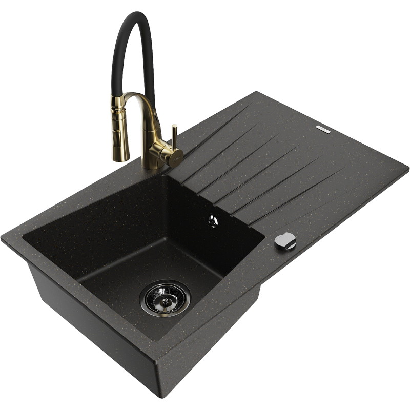 Mexen Cesar granite sink 1-bowl with drainer and kitchen faucet Aster, black/gold metallic - 6514-75-73450-57-B