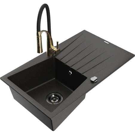 Mexen Cesar 1-bowl granite sink with drainer and Aster kitchen faucet, black/golden metallic - 6514-75-73450-57-B