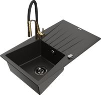 Mexen Cesar 1-Bowl Granite Kitchen Sink with Drainer and Aster Kitchen Tap, Black/Gold Metallic - 6514-75-73450-57-B