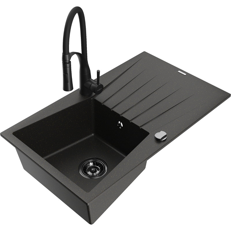 Mexen Cesar granite kitchen sink, 1-bowl with drainer and Aster kitchen faucet, black/golden metallic - 6514-75-73450-70-B