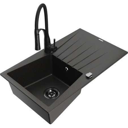 Mexen Cesar granite kitchen sink, 1-bowl with drainer and Aster kitchen faucet, black/golden metallic - 6514-75-73450-70-B