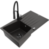 Mexen Cesar granite kitchen sink, 1-bowl with drainer and Aster kitchen faucet, black/golden metallic - 6514-75-73450-70-B