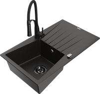 Mexen Cesar granite kitchen sink, 1-bowl with drainer and Aster kitchen faucet, black/golden metallic - 6514-75-73450-70-B