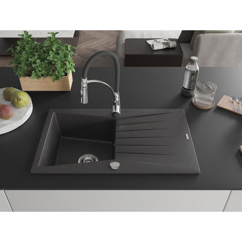 Mexen Cesar granite kitchen sink 1-bowl with drainer and Aster kitchen faucet, black speckled - 6514-76-73450-07