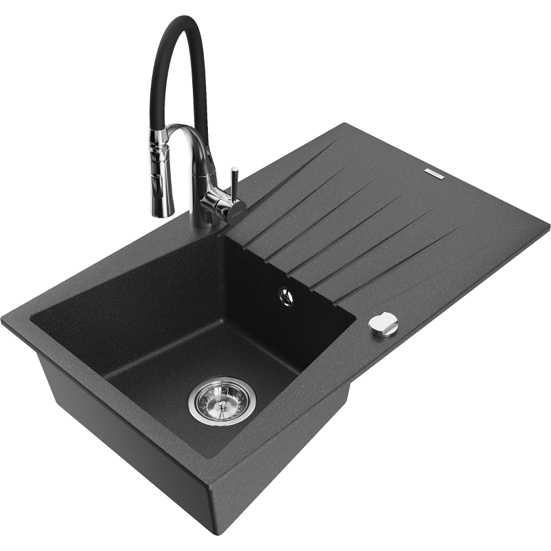Mexen Cesar 1-compartment granite sink with a drip tray and kitchen mixer tap Aster, spotted black - 6514-76-73450-07