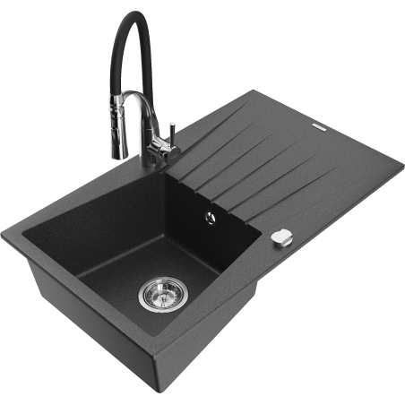 Mexen Cesar 1-bowl granite sink with drainer and Aster kitchen faucet, speckled black - 6514-76-73450-07