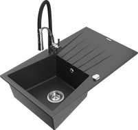 Mexen Cesar granite kitchen sink 1-bowl with drainer and Aster kitchen faucet, black speckled - 6514-76-73450-07