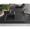 Mexen Cesar granite sink 1-bowl with drainer and Aster kitchen faucet, speckled black - 6514-76-73450-07-B